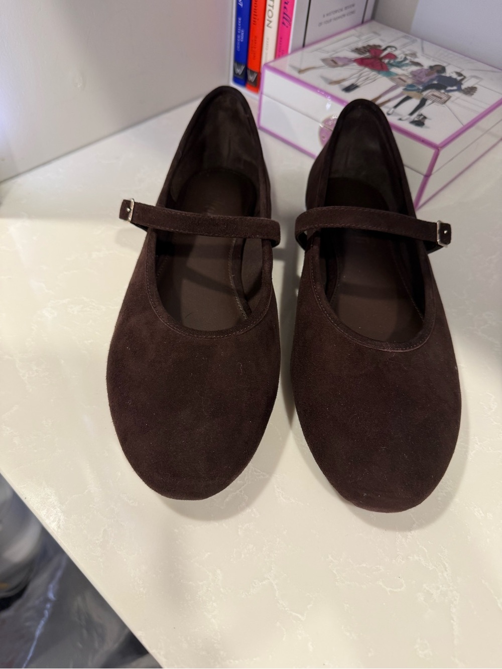 Farylrobin Dark Brown Suede Mary Jane Flats with Strap